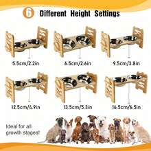 Adjustable Bamboo & Wood Pet Double Bowl Stand, Raised Feeder For Medium & Small Dogs And Cats