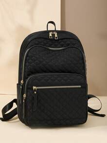 Women's Nylon Solid Color Quilted Large Capacity Versatile Backpack, Minimalist Casual Student Backpack, Commuter Bag - Black - View 4