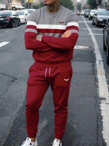 2pcs Men's Casual Striped Print Crew Neck Sweatshirt And Sweatpants Sports Suit, Streetwear Sports Casual Outfit Suitable For Outdoor Activities, Spring Season , Fall Clothes