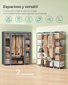 SONGMICS Armario de Tela, Armario Ropero con Cubierta de Tela no Tejida, 45 x 150 x 175, 12 Compartimentos, Marco de Metal, Armario de Dormitorio, Gris LSF03G - GRIS - Ver 2