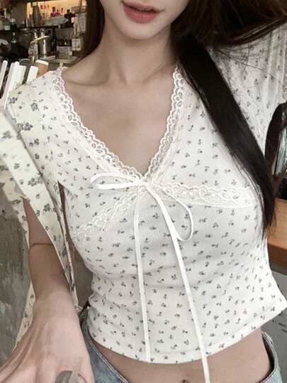 2025春秋个性时尚短袖蕾丝拼布领带T恤