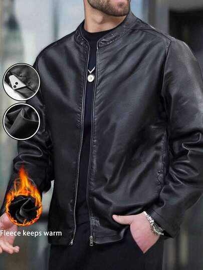 WASSUP OTHER Men's Jacket, Windproof Fleece Thermal Winter PU Leather Jacket, Fashion Mandarin Collar Motorcycle Jacket, Street Style , Fall