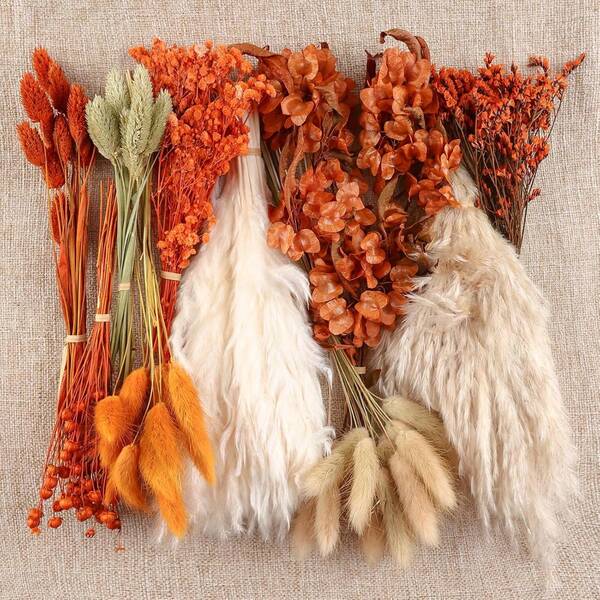 10 tipos de flores secas para manualidades, flores de otoño naranja quemado, flores naturales de pasto pampa, colas de conejo, respiración de bebé, hortensia con tallos, arreglo floral seco para bodas de otoño, decoraciones de otoño para el hogar