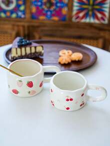 1pc Korean Ins-Style Hand-Painted Ceramic Coffee Cup & Saucer Set, Asymmetrical Cup Body With Cherry & Strawberry Pattern, Practical Ceramic Drinkware For Office, Casual, Breakfast, Afternoon Tea