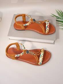 1双青少年彩色编织绳+花卉装饰仿皮舒适防滑露趾编织波西米亚风平底凉鞋，适合日常休闲/假日穿着 - 棕色 - 查看 7