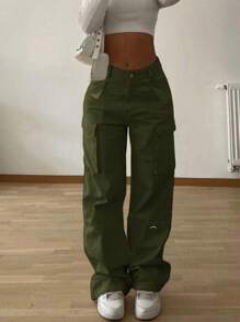 Elegant Stylish Vintage Y2K Casual Cute Cargo Pants - High-Waisted, Solid Color Elastic Waist Wide-Leg, Pocketed, Comfortable, Airport Outfit, Back To School, Teacher, Clubs, Birthday Parties, Halloween, Christmas, New Year, Thanksgiving, Concerts, Gym, Business, Street Wear, Spring, Summer, Autumn And Winter Styles