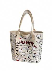 Sanrio Sanrio Sanrio Hello Kitty Canvas Handbag, Cute KT Tote Shoulder Bag, Cartoon Versatile Tote Bag, Large Capacity Commuter Bag, Suitable For Travel, Back To School, Commuting Tote Bag For School