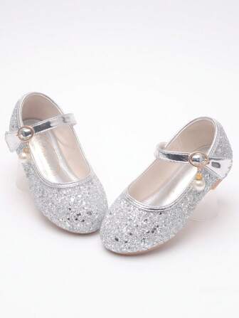 Girls' Princess Shoes For Dress, Children's Shoes, Little Leather Shoes, Flower Girl Crystal Silver Flat Shoes For Baby Performance