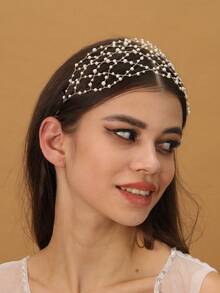 1pc Elegant Handmade Faux Pearl Woven Headband For Women, Bridal Wedding Bohemian Headpiece, Suitable For Party Accessories