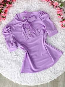 Women's Formal Blouse With Short Puff Sleeves And Bow No. 8 - ارجواني فاتح - مشاهدة 1