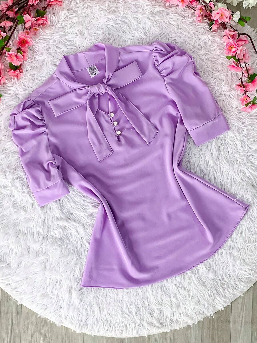 Women's Formal Blouse With Short Puff Sleeves And Bow No. 8 - ارجواني فاتح - مشاهدة 1