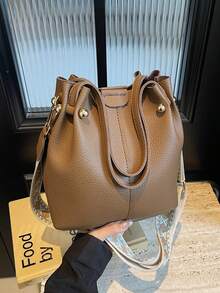 新款时尚小众时尚休闲百搭水桶包，复古经典高品质宽肩带女士单肩包，斜挎包适合工作、约会、购物、日常使用 - 咖啡 - 查看 5