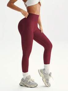 TCVC Women'S High Elastic Fashion Dopamine Sports Leggings, Macaroon Colors, High Waist Tummy Control Peach Butt, High Stretch Sports, Skin-Friendly Fabric, Tight Shaping, Casual Versatile, Autumn/Winter, Sports Tights - Burgundy - View 2