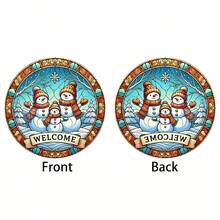 1PC Double Snowman Welcome Sign - Vintage Round Acrylic Hanging Decoration With Stained Glass Style Snowflakes & Holly Berry, Bright White For Christmas, Thanksgiving, Halloween-Christmas Gifts, Holiday Display, Bohemian Style, Colorful Snowflakes