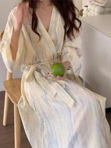 1 szt. damski prosty szlafrok z długim rękawem w stylu europejskim i amerykańskim, niebieski w kratę, słodki i uroczy, minimalistyczny, lekki szlafrok, ciepła, zimowa dekoracja na wiosnę/jesień, powrót do szkoły - Wielokolorowe - Zobacz 2