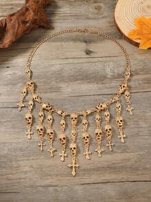 Fashionable Retro Punk Exaggerated Halloween Skull Tassel Necklace, Women Party Accessory Choker - Star - View 4