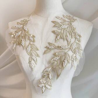 1 Pair Of Luxurious Gold Bead Lace Embroidery Patches - DIY High-End Bridal Dress Decoration For Evening Gowns, Clothing, And Crafts - Hand Sewn/Ironed Fabric Decal Decoration