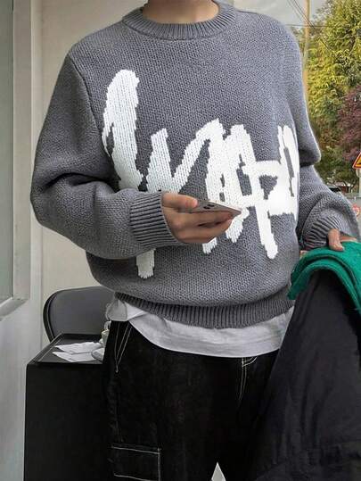 1pc Teenage Boys/Teen Boy Casual Contrast Color Crew Neck Thick Knit Sweater, Suitable For Indoor, Outdoor Exercise, Street Wear, Autumn/Winter