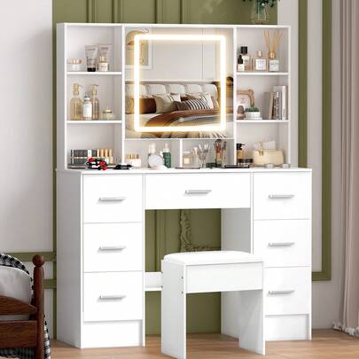 Vanity Makeup Table Set Dressing Desk With Large LED Lighted Mirror 7 Drawers  - Perfect For Organizing Makeup, Skincare, Elegant Vanity|Decorative Vanity, Vanity Furniture, Compact For Small Space, Bedroom Decor Gift, Perfect Gift For Women Girls , Ideal para regalos de Navidad y Halloween.