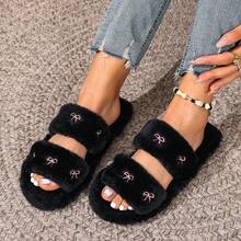 Pantofole da donna per la casa in tessuto con fiocco ricamato, indossabili in tutte le stagioni, con suola piatta e interno in peluche, pantofole da interno per pavimento di casa - Due strisce nere - Visualizzare 6
