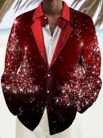 Christmas Print Button-Down Long Sleeve Shirt For Men, Fall