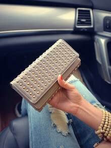 Cartera larga de mujer plegable de tres pliegues, versátil y casual, decorada con remaches vintage - Champán - Ver 5