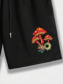 2025Two Counts Men's Plus Size Mushroom & Letter Print Pocket Two-Piece Set, Back-To-School Clothing, Casual Round Neck Tee & Drawstring Shorts, Plus Size Summer Outfits For Men