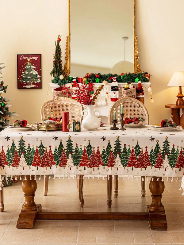 1 toalha de mesa de Natal, vermelha, verde, branca, com estampa de árvore de Natal, acabamento em renda bege, lavável, decoração para casa, toalha de mesa para festas, adequada para cozinha, sala de jantar, reunião, jantar, festa de fim de ano, decoração de ano novo, artigos de Natal, presente, decoração de outono, Feliz Natal
