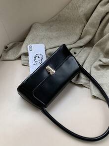 1pc Solid Color Suede Handbag, Portable Commuter Lockable Fashion Minimalist Retro Versatile Shoulder Bag & Tote Suitable For Women Daily Use - Black - View 7