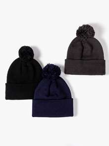 Men's Autumn/Winter Faux Knitted Knit Beanie With Pom Pom Solid Color Plain Knit Pom Pom Hat, Versatile Outdoor Warm Ear Protection Beanie Autumn Outfits Fluffy - Multicolor - View 2