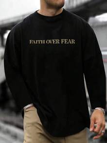 Plus Size Men's Round Neck Long Sleeve T-Shirt, Letter Print Casual Versatile Tee, For Fall