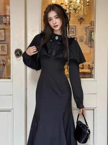 冬季女式洛丽塔披肩哥特美人鱼派对黑色连衣裙圣诞派对优雅别致蕾丝拼接蝴蝶结修身圣诞夜惊魂（不含头饰） - 黑色 - 查看 8