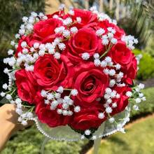 Elegant White Rose Bridal Bouquet, Decorated With Lace - Classic Wedding & Anniversary Floral Arrangement For Bridesmaids, Tossing Bouquet, Bridal Shower, Graduation Party Centerpiece