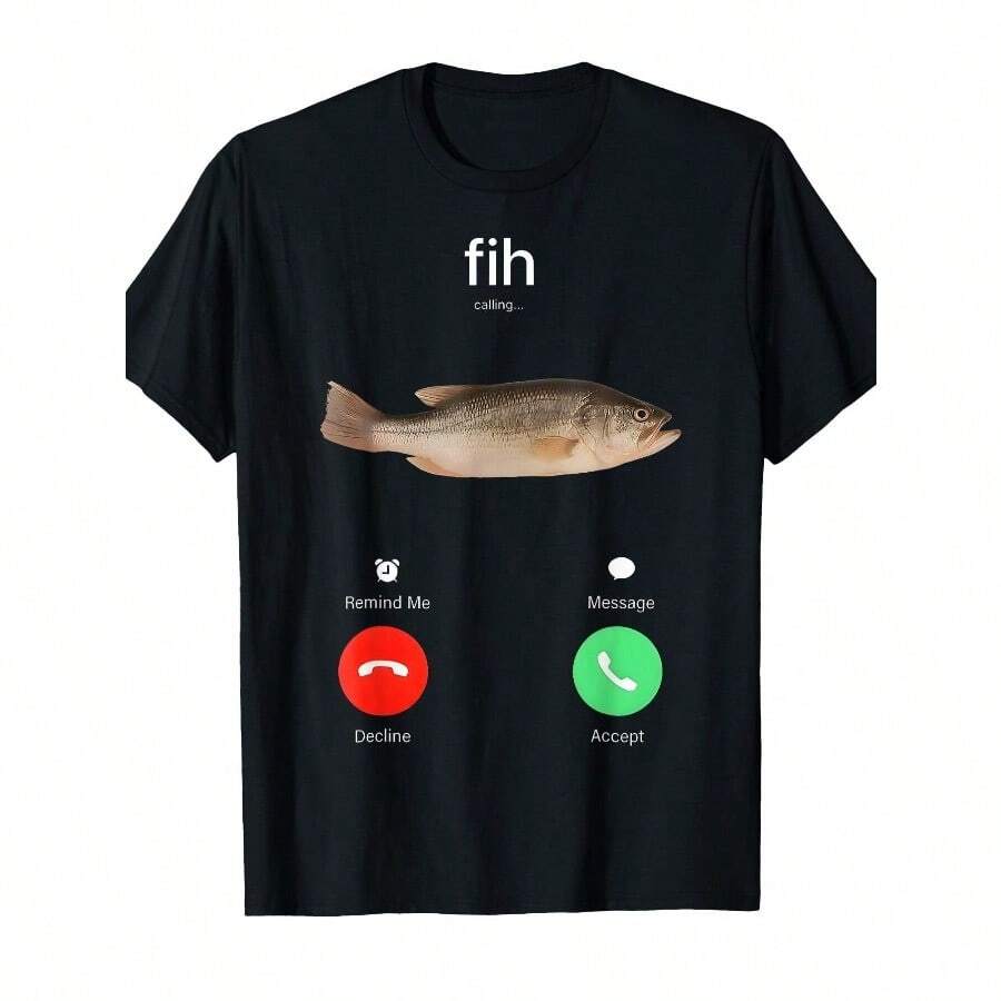 Fih Calling Reminder Fish On Board Shirt, Funny Crew Neck T-Shirt With Fashionable Print, Comfortable Travel Clothes For Fashion Enthusiasts, Suitable For Summer, Spring, Autumn And Casual Attire - màu đen - Xem 1