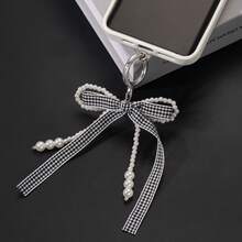1 pieza Llavero con lazo a cuadros y perla falsa, accesorio para mochila, decoración de cuentas única para funda de teléfono, accesorios de bolso con diseño de lazo minimalista, cordones con soporte para identificación, accesorios para automóvil, dijes para bolsos - Cuadros grises y blancos - Ver 2