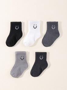5 Pairs Kids Black & White Smiling Face Socks, All-Match Versatile Mid-Calf Socks, Casual Short Socks For All Seasons - Black and White - View 3
