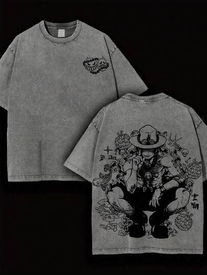 Men'S Black T-Shirt With "One Piece" Anime Design - Double-Sided Print, Short Sleeve, Casual Crew Neck, Summer Streetwear, Local Delivery, Anime T Shirt100% Cotton Round Neck Women's T-Shirt