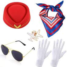 5pcs/Set Holiday Themed Flight Attendant Hat, Scarf, Brooch, Gloves, Glasses Cosplay Accessories, Retro Stewardess Outfit,Halloween