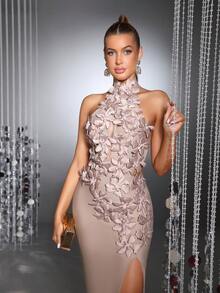 Nuevo vestido maxi elegante de moda con diseño floral 3D, cuello alto sexy, sin mangas, espalda descubierta, abertura alta y efecto vendaje, para mujer, ideal para eventos formales, bodas, fiestas y vacaciones