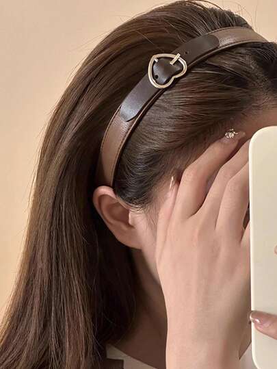 1 件棕色皮革头带，带心形皮革扣，多功能发饰，发带，发箍，女士发带，秋季服装