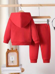 0-3 Years Old Baby Boy Autumn/Winter Hooded Sweatshirt Set, Letter Print Casual 2 Pieces Outfit, Boys Outdoor Sports Wear - Red - View 3