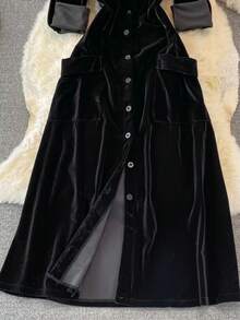 Women's Vintage Waist Pocket Single-Breasted Velvet Cardigan Dress, Autumn/Winter - Black - View 4