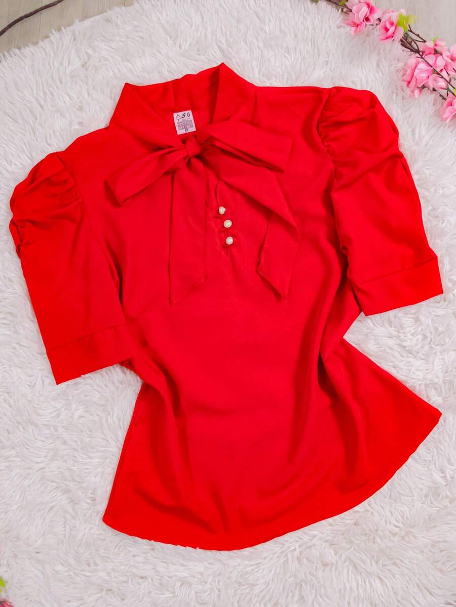 Women's Formal Blouse With Short Puff Sleeves And Bow No. 8 - 紅色 - 查看 1