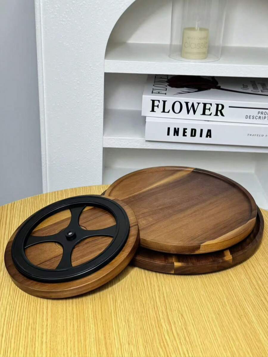 1 Stück 360° drehbare Holzplatte, zum Aufbewahren, Servieren von Lebensmitteln, Snacks, Getränken, Sushi, Steak, Pizza, Desserts, Kuchen, Brot, Frühstückstablett, Kaffeetablett, Teebrett, Käsebrett - Kastanienbraun - Übersicht 1