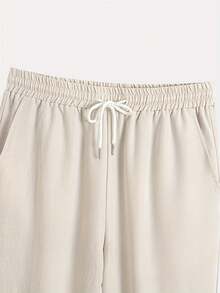 Men's Solid Color Comfortable Breathable Material Polo Collar Double Pocket Loose Long Sleeve Shirt And Drawstring Accent Pants Two Pieces Set, Suitable For Casual, Fashion, Commuting, Street Style, Summer New Arrival - Apricot - View 6