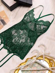 1pc Sexy Lace Bodysuit With Open Crotch For Women - 綠色 - 查看 7