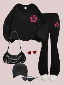 2 - Piece Set Girl Simple And Sweet Style Hibiscus Print Set, Comfortable And Elastic, Spring Autumn Daily Leisure Wear - Black - View 2