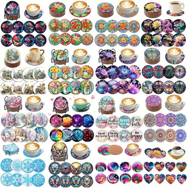 8pcs Diamond Painting Coaster Set With Stand, Suitable For Beginners, Adult Diamond Painting Kit, Handmade Craft