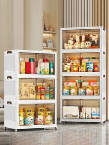 4 Layers Plastic Folding Storage Box With Multi-Layer, Stackable Storage Box With Wheels, Suitable For Home Storage Of Books, Clothes, Toys, Closet, Wardrobe, Bedroom, Bathroom, Office, Basic Bedroom Furniture Storage Box - White - View 4