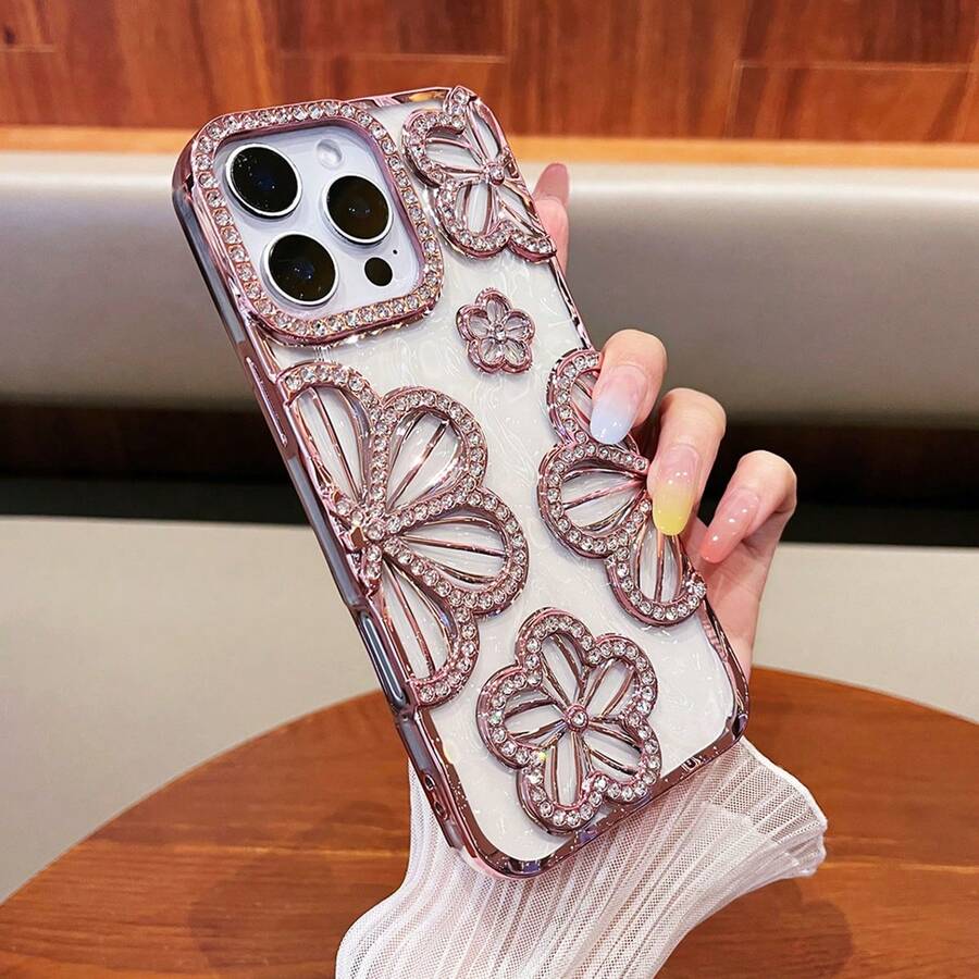 Electroplated Retro Minimalist Personalized Diamond Inlaid 3D Flower TPU Dopamine Case Compatible With IPhone 14, 14 Pro, 14 Plus, 14 Pro Max, 15, 15 Pro, 15 Pro Max, 16, 16 Pro, 16 Plus, 16 Pro Max - Pink - View 1